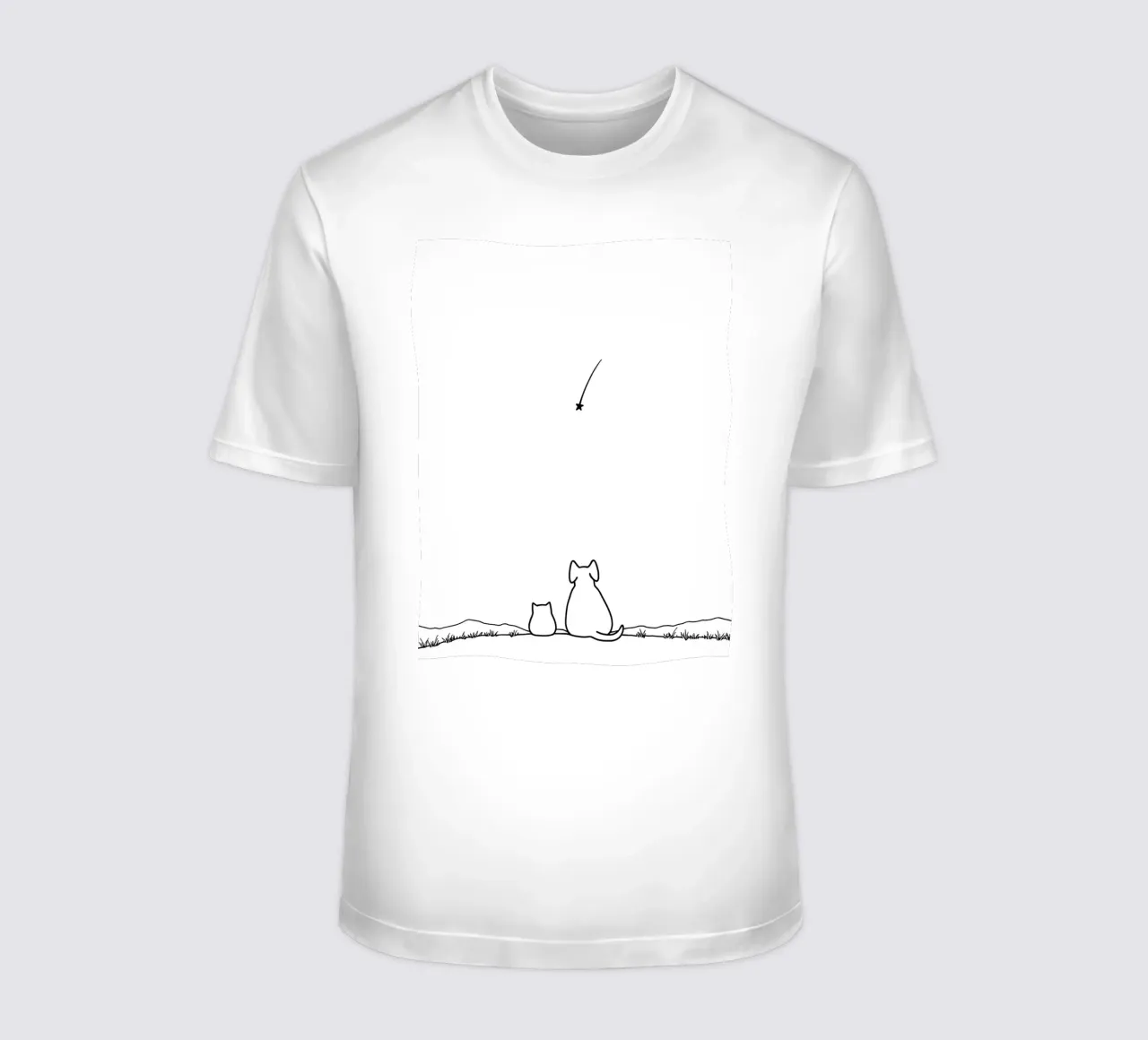 Chat et chien observant une étoile filante Dessin au trait minimaliste t-shirt de Viv Line Art