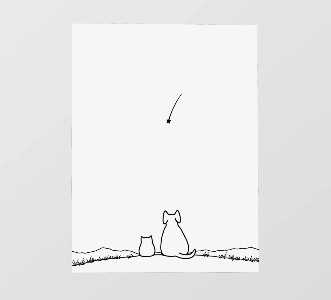 Chat et chien observant une étoile filante Dessin au trait minimaliste bâche pvc de Viv Line Art