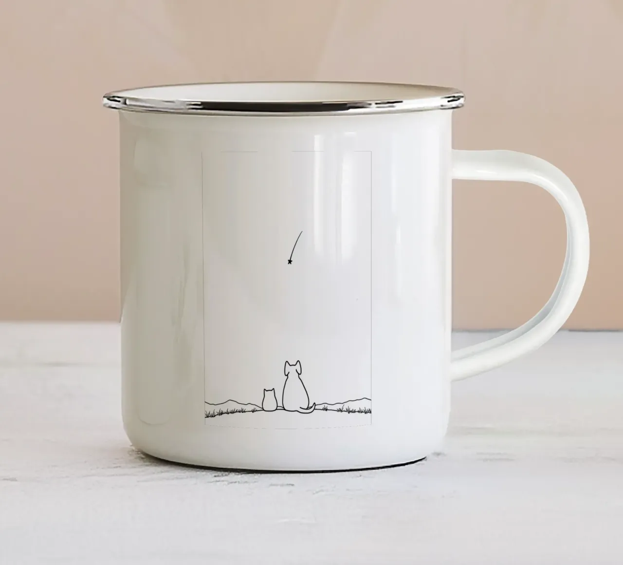 Chat et chien observant une étoile filante Dessin au trait minimaliste mug en émail de Viv Line Art