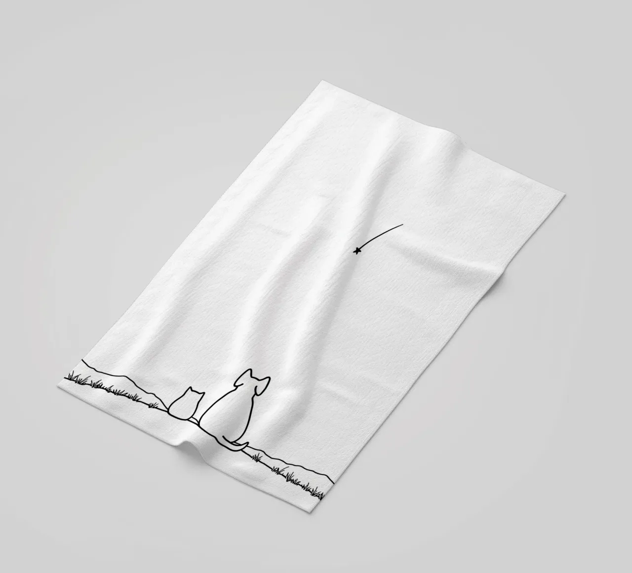 Chat et chien observant une étoile filante Dessin au trait minimaliste serviette de plage de Viv Line Art