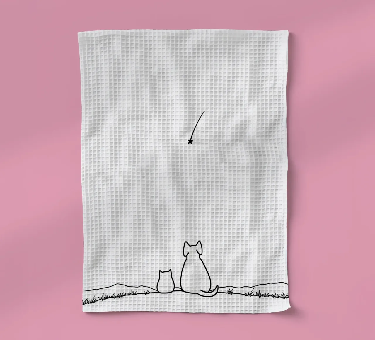 Chat et chien observant une étoile filante Dessin au trait minimaliste torchon de Viv Line Art