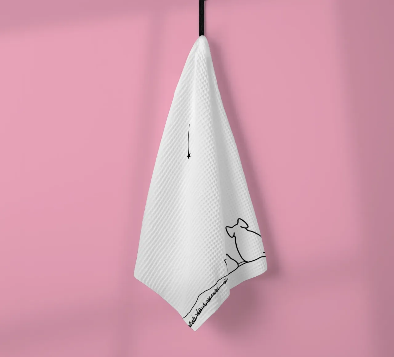 Chat et chien observant une étoile filante Dessin au trait minimaliste torchon de Viv Line Art