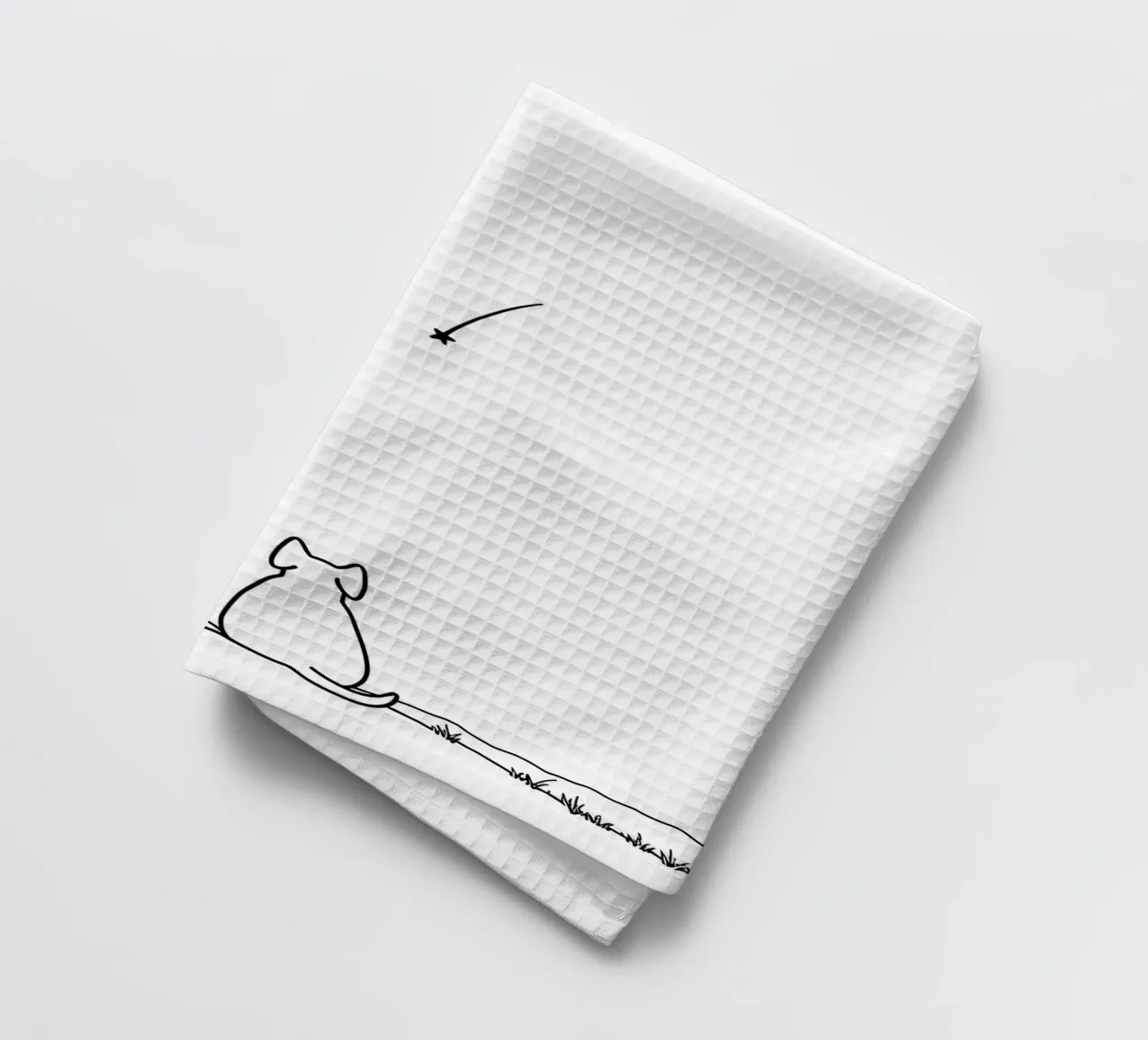 Chat et chien observant une étoile filante Dessin au trait minimaliste torchon de Viv Line Art