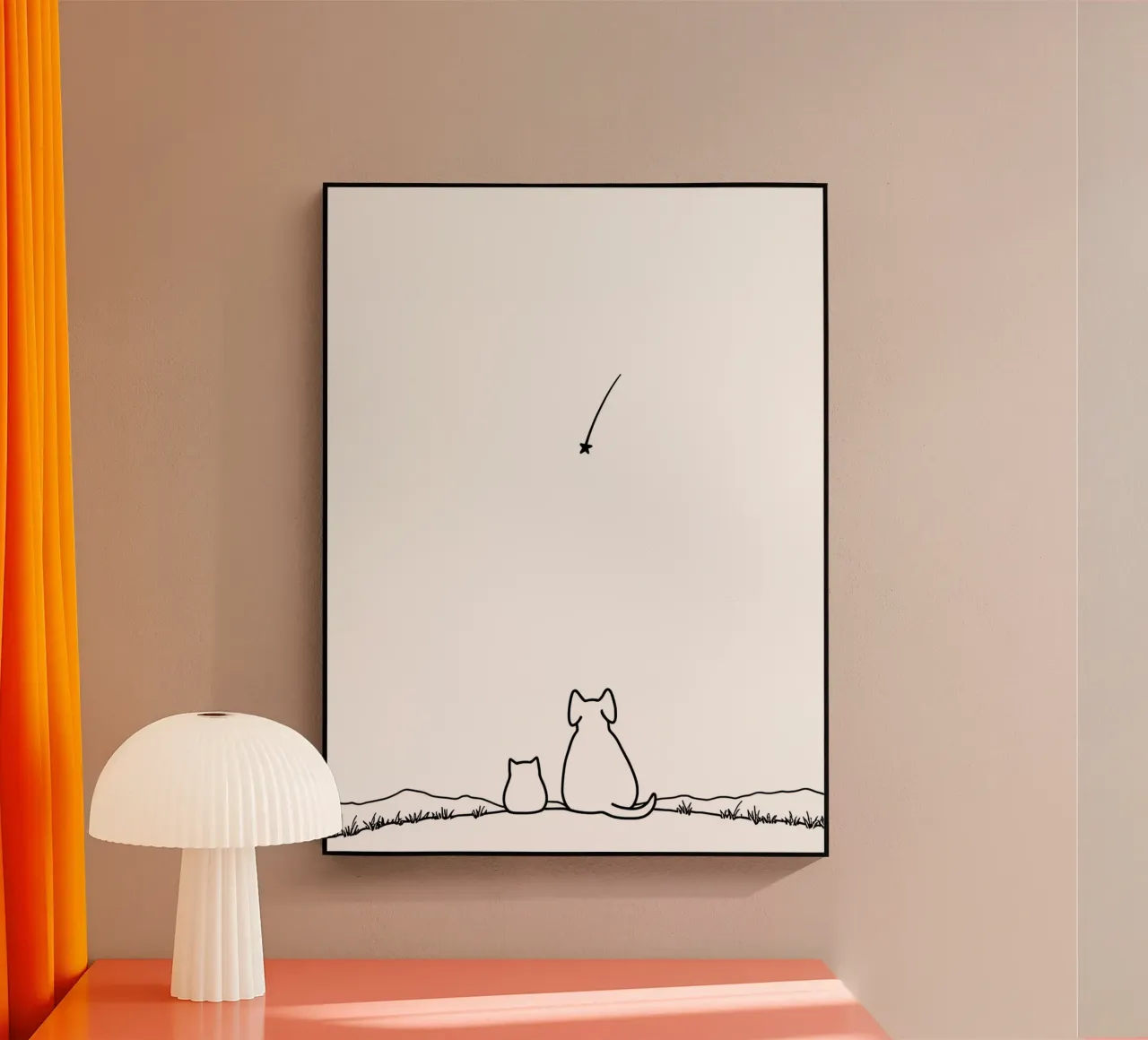 Chat et chien observant une étoile filante Dessin au trait minimaliste plexiglas de Viv Line Art