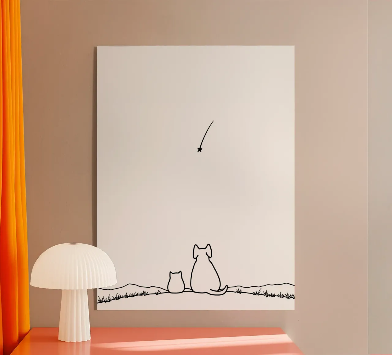 Chat et chien observant une étoile filante Dessin au trait minimaliste plexiglas de Viv Line Art