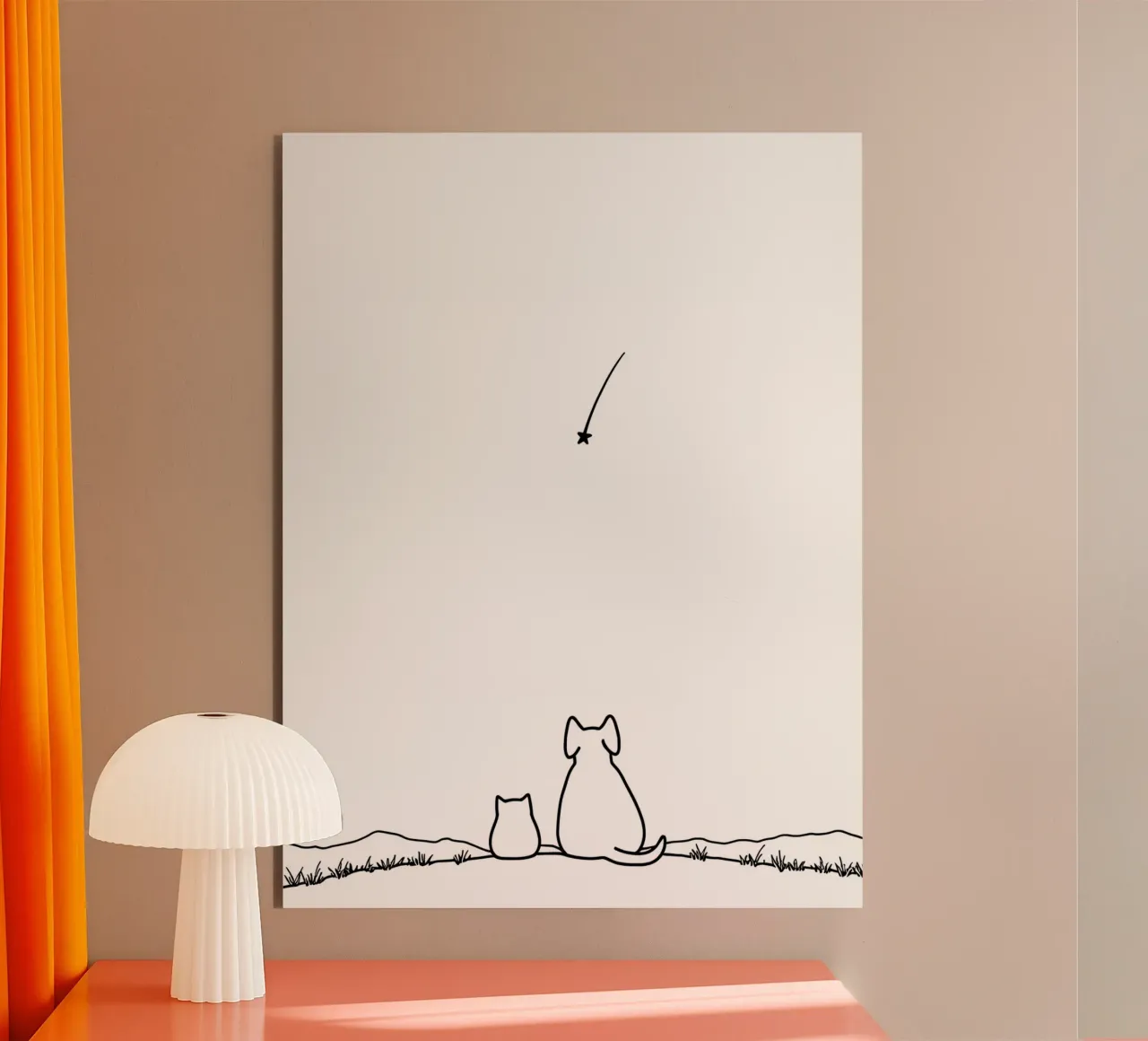 Chat et chien observant une étoile filante Dessin au trait minimaliste alu dibond de Viv Line Art