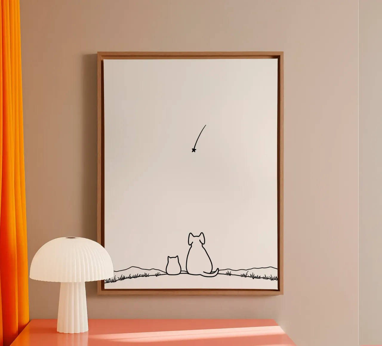 Chat et chien observant une étoile filante Dessin au trait minimaliste toile avec Caisse américaine de Viv Line Art