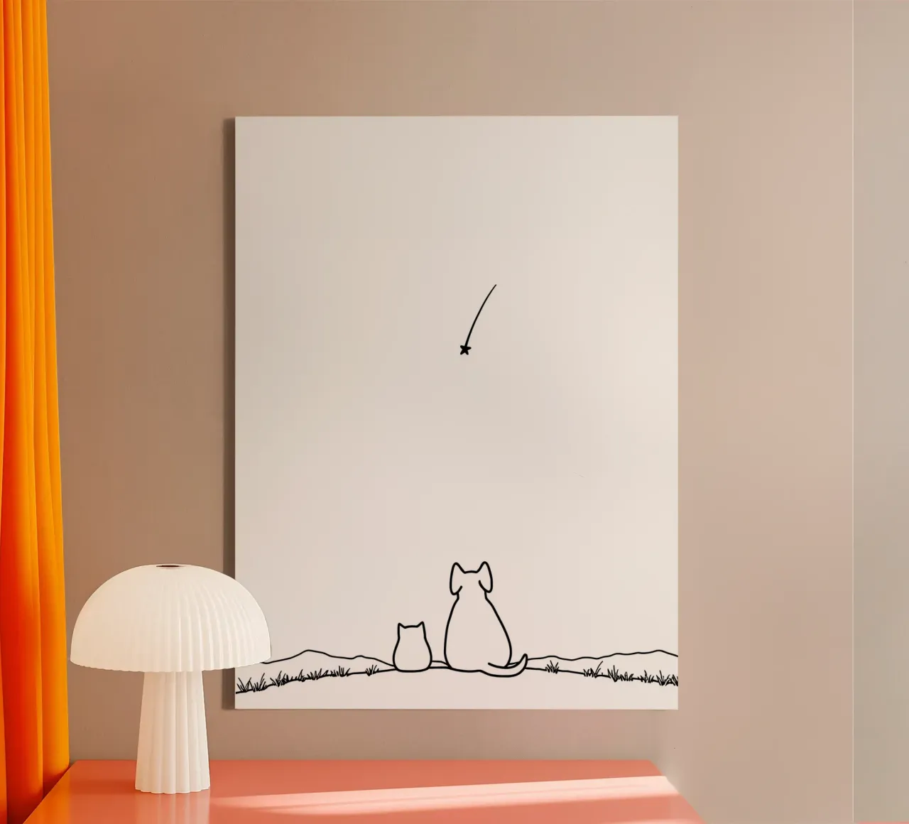 Chat et chien observant une étoile filante Dessin au trait minimaliste toile avec Caisse américaine de Viv Line Art