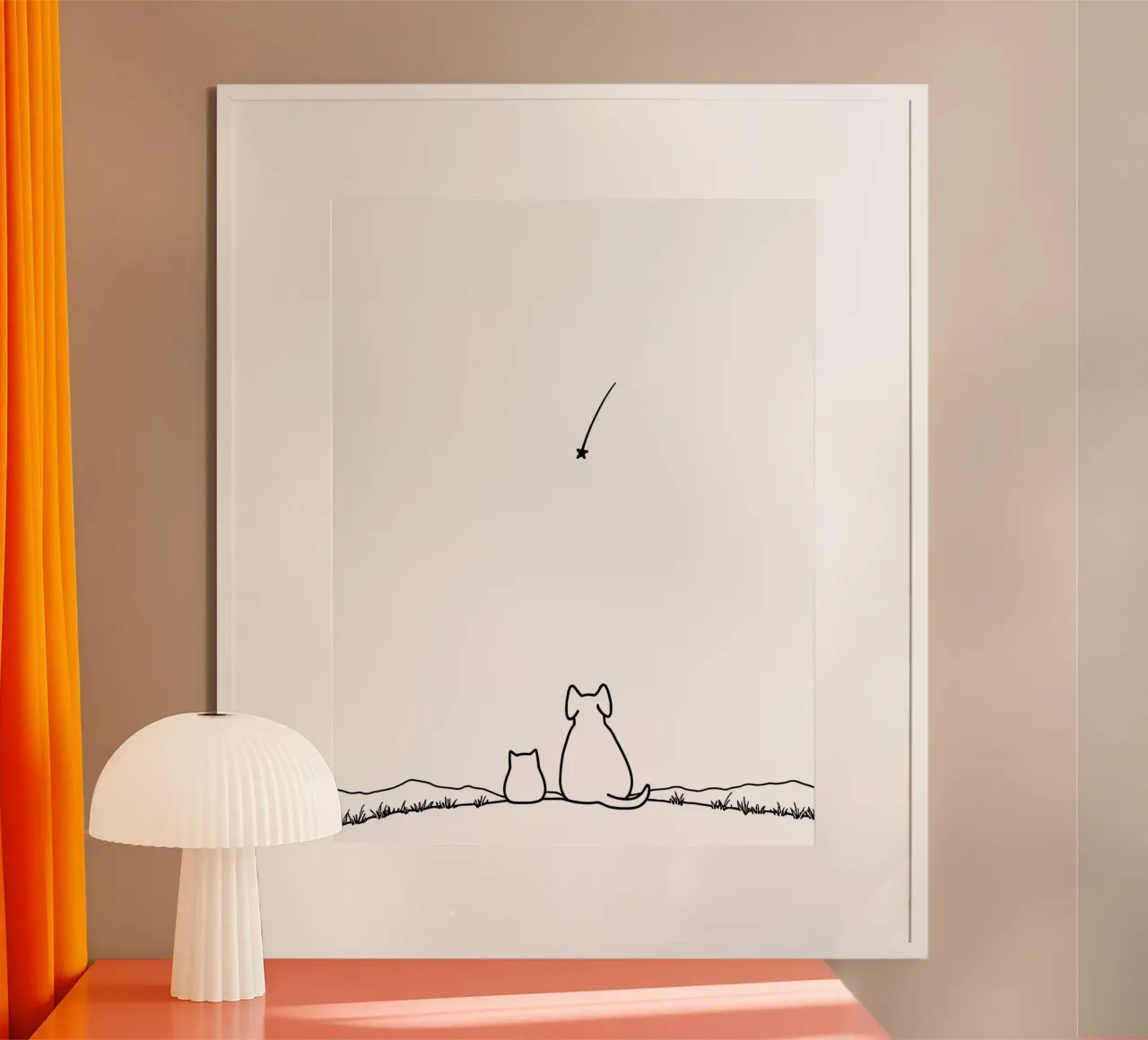 Chat et chien observant une étoile filante Dessin au trait minimaliste poster de Viv Line Art