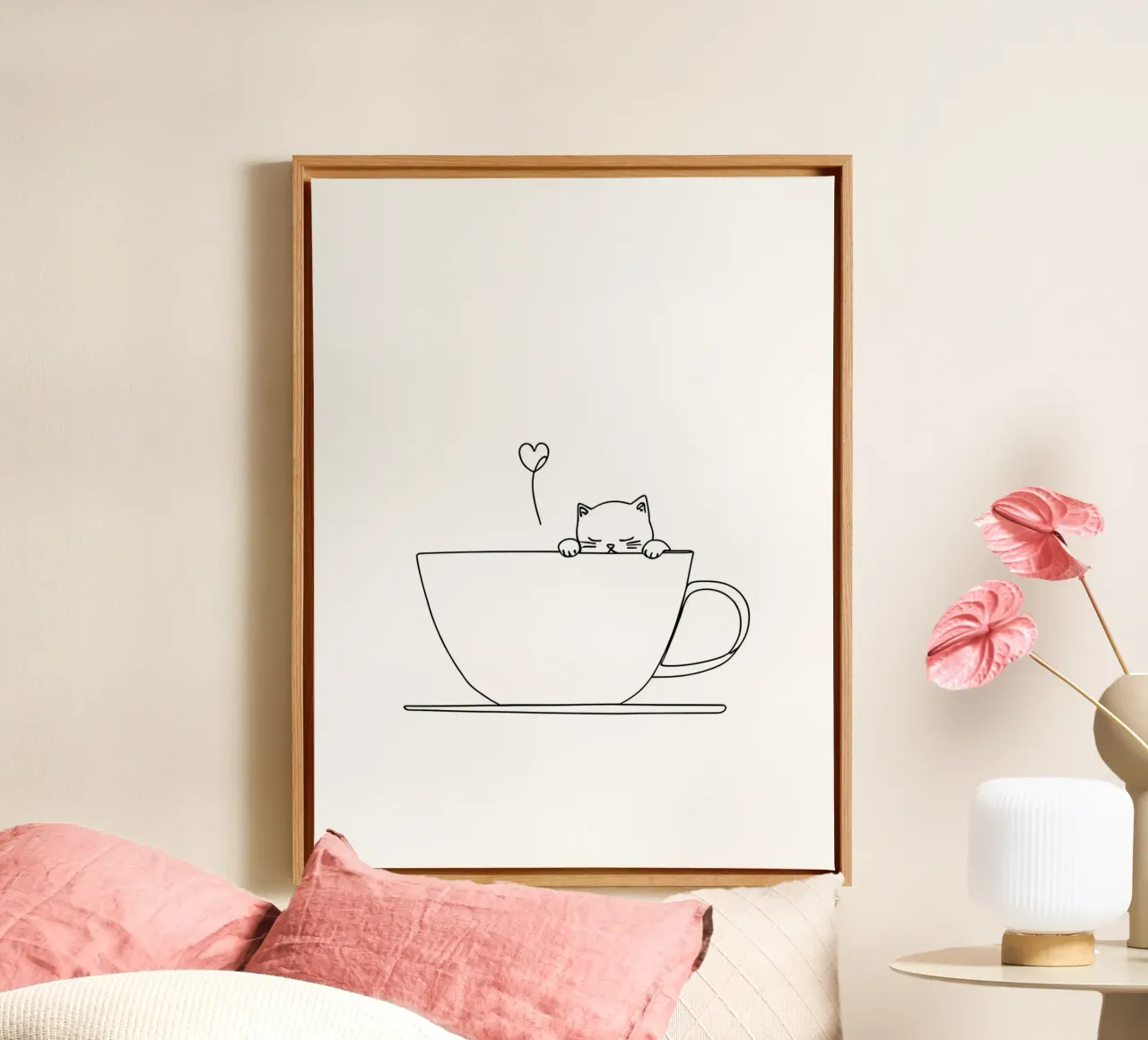 Chat dans une tasse de thé Dessin minimaliste au trait toile avec Caisse américaine de Viv Line Art