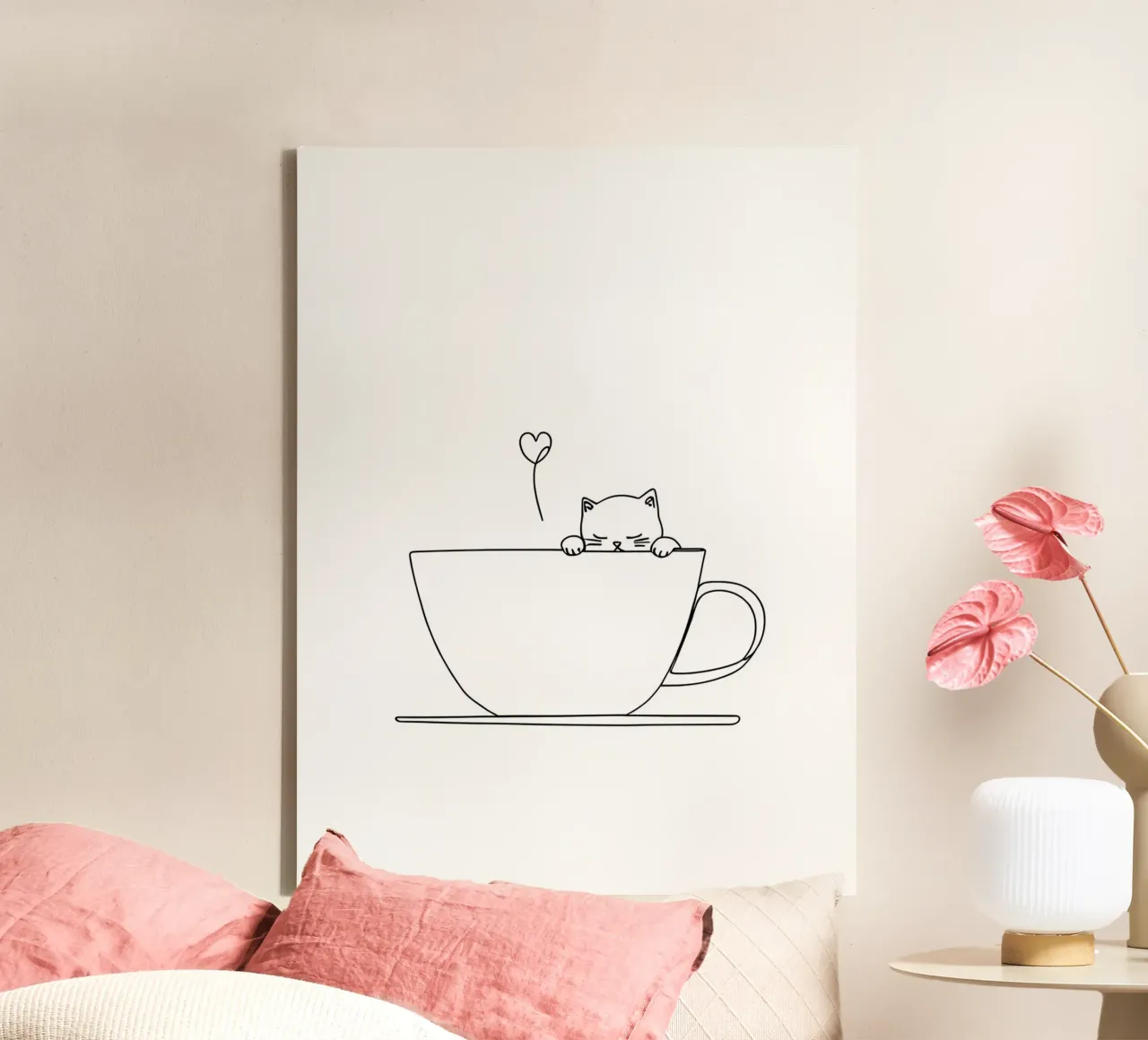 Chat dans une tasse de thé Dessin minimaliste au trait toile avec Caisse américaine de Viv Line Art