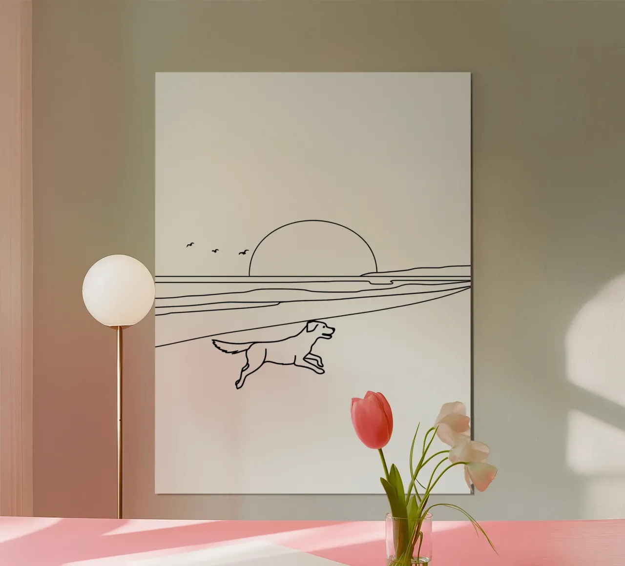 Cane in spiaggia Disegno lineare minimalista poster con telaio in plastica da Viv Line Art