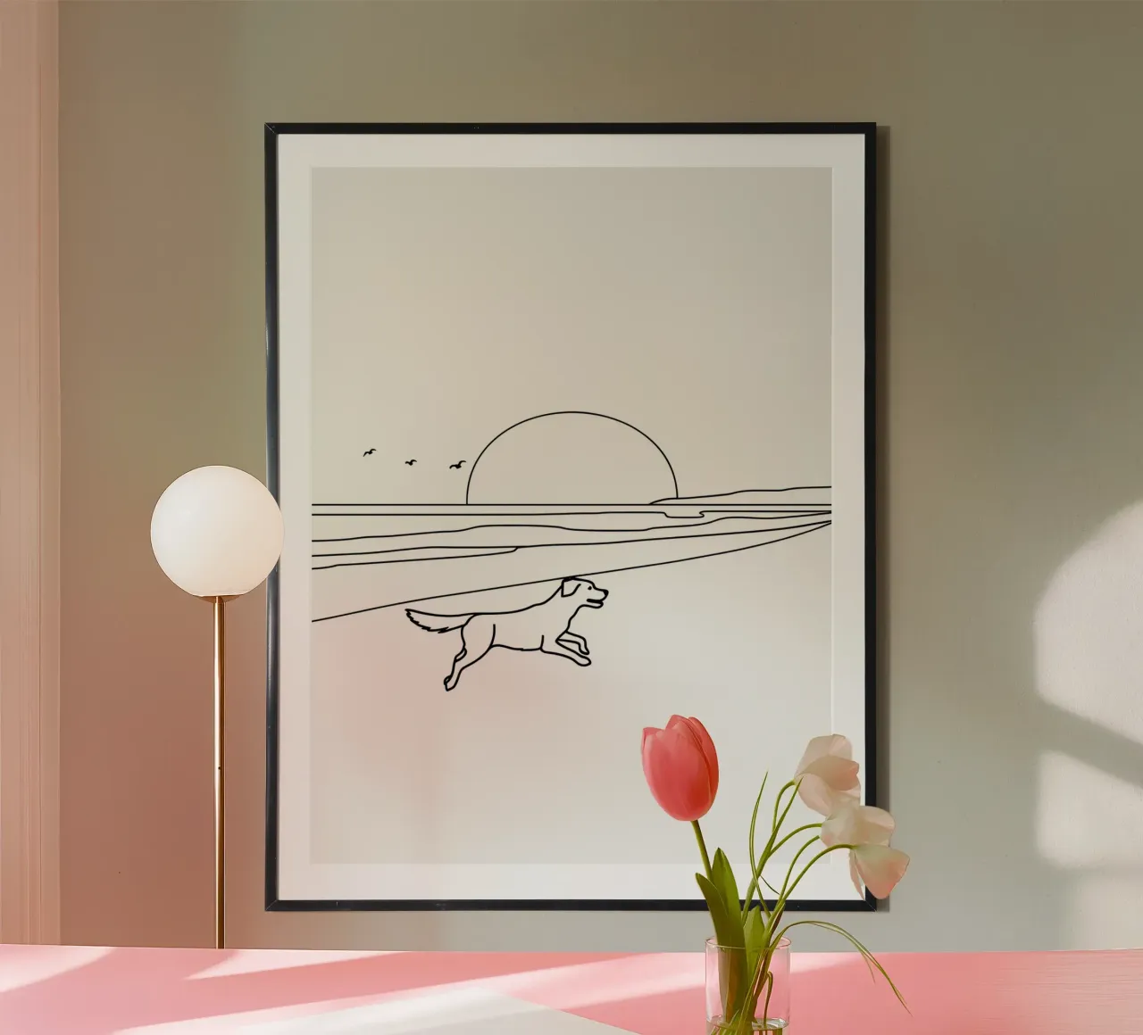 Cane in spiaggia Disegno lineare minimalista poster con telaio in plastica da Viv Line Art