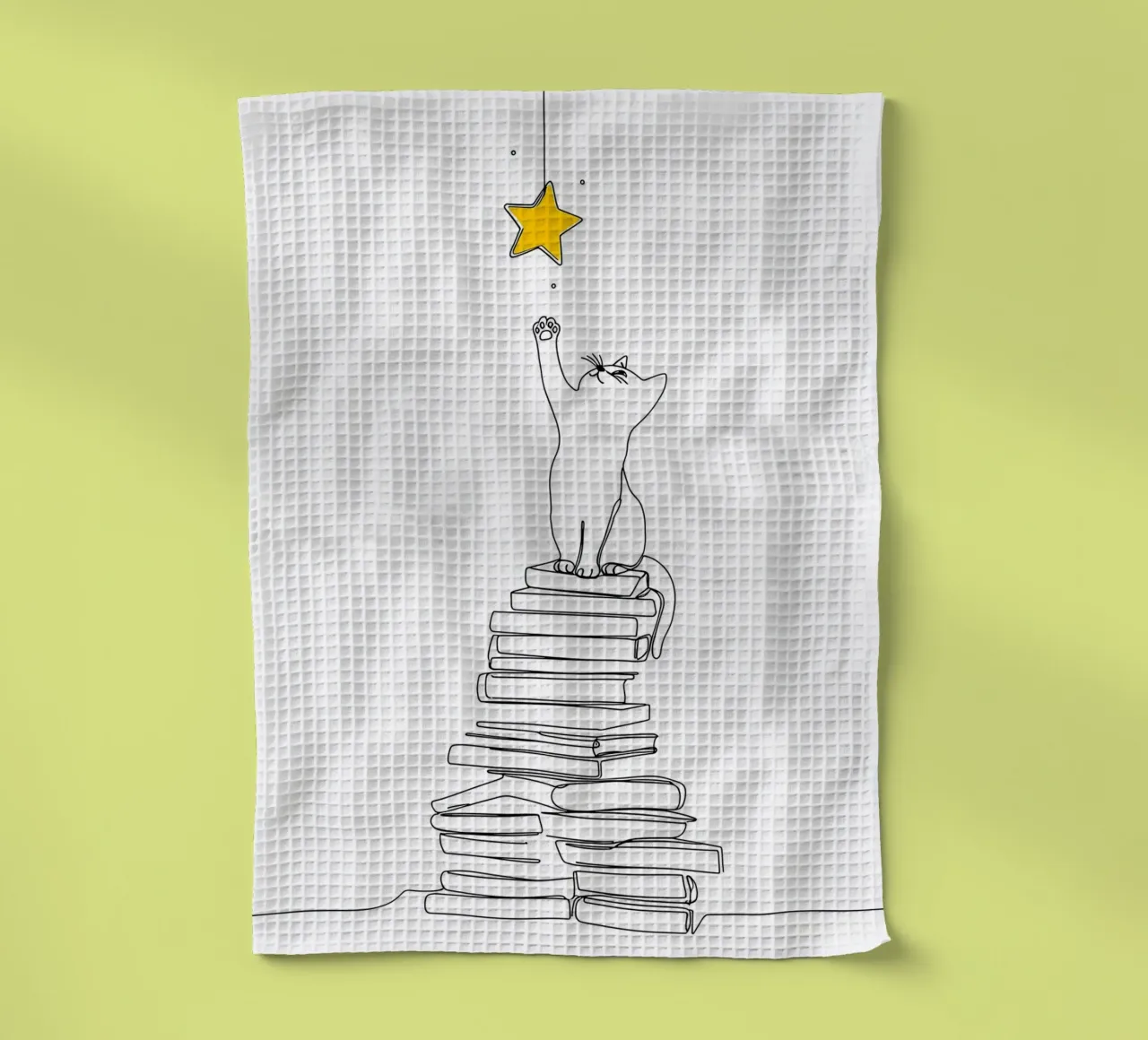 Chat sur un livre s'approchant d'une étoile Dessin au trait minimaliste torchon de Viv Line Art