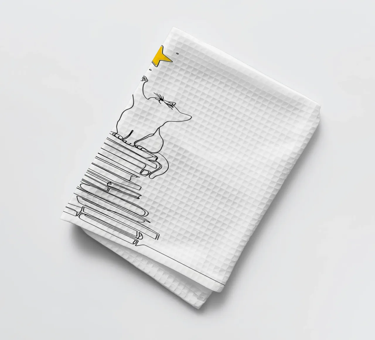 Chat sur un livre s'approchant d'une étoile Dessin au trait minimaliste torchon de Viv Line Art