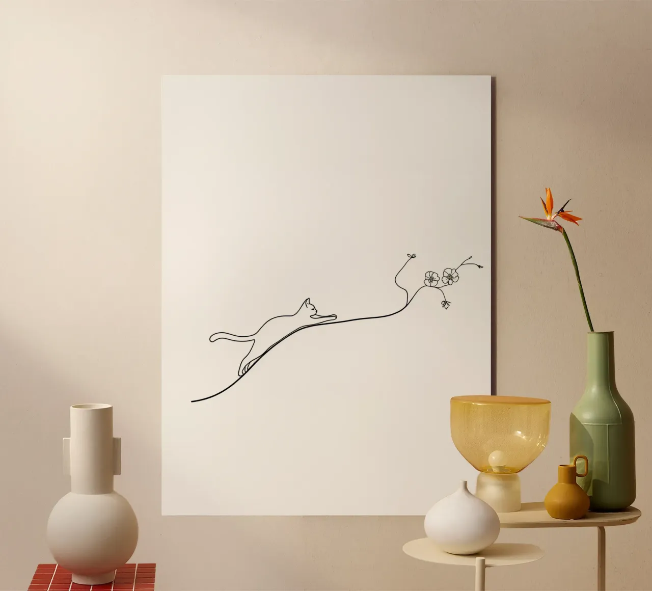Gatto su un ramo di fiori Line Art minimalista alluminio dibond da Viv Line Art