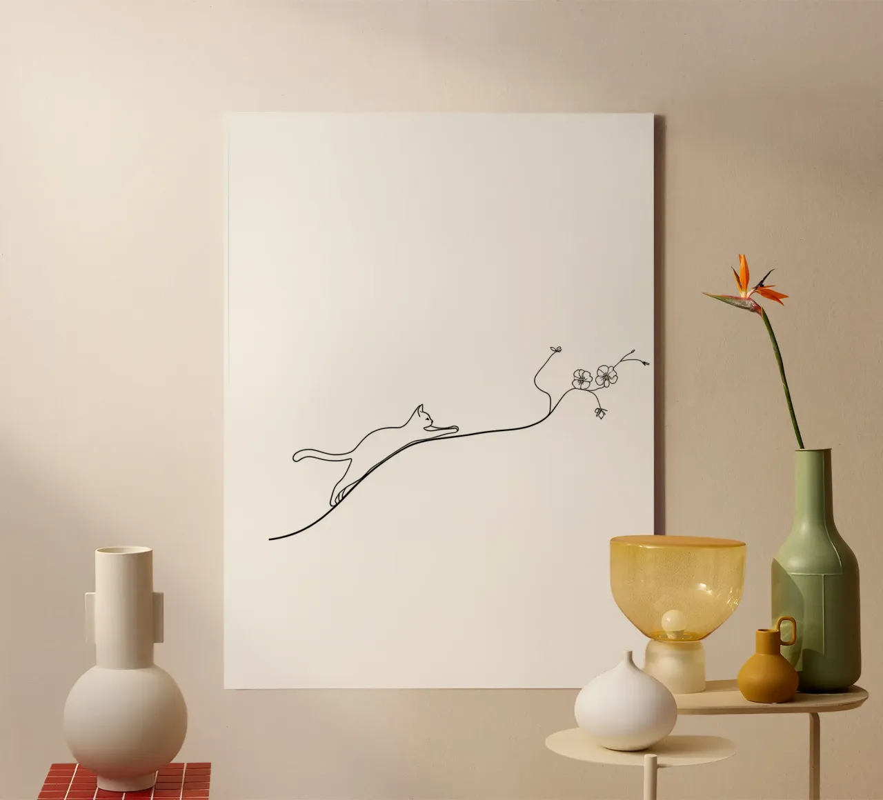 Cat on a Flower Branch Minimalist Line Art canvas with Floater frame by Viv Line Art