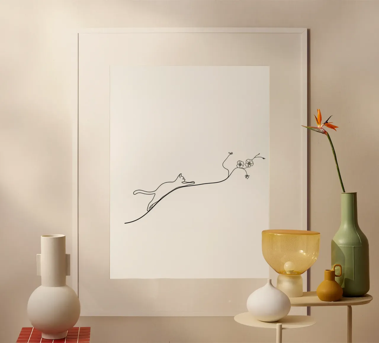 Gatto su un ramo di fiori Line Art minimalista carta hahnemühle da Viv Line Art