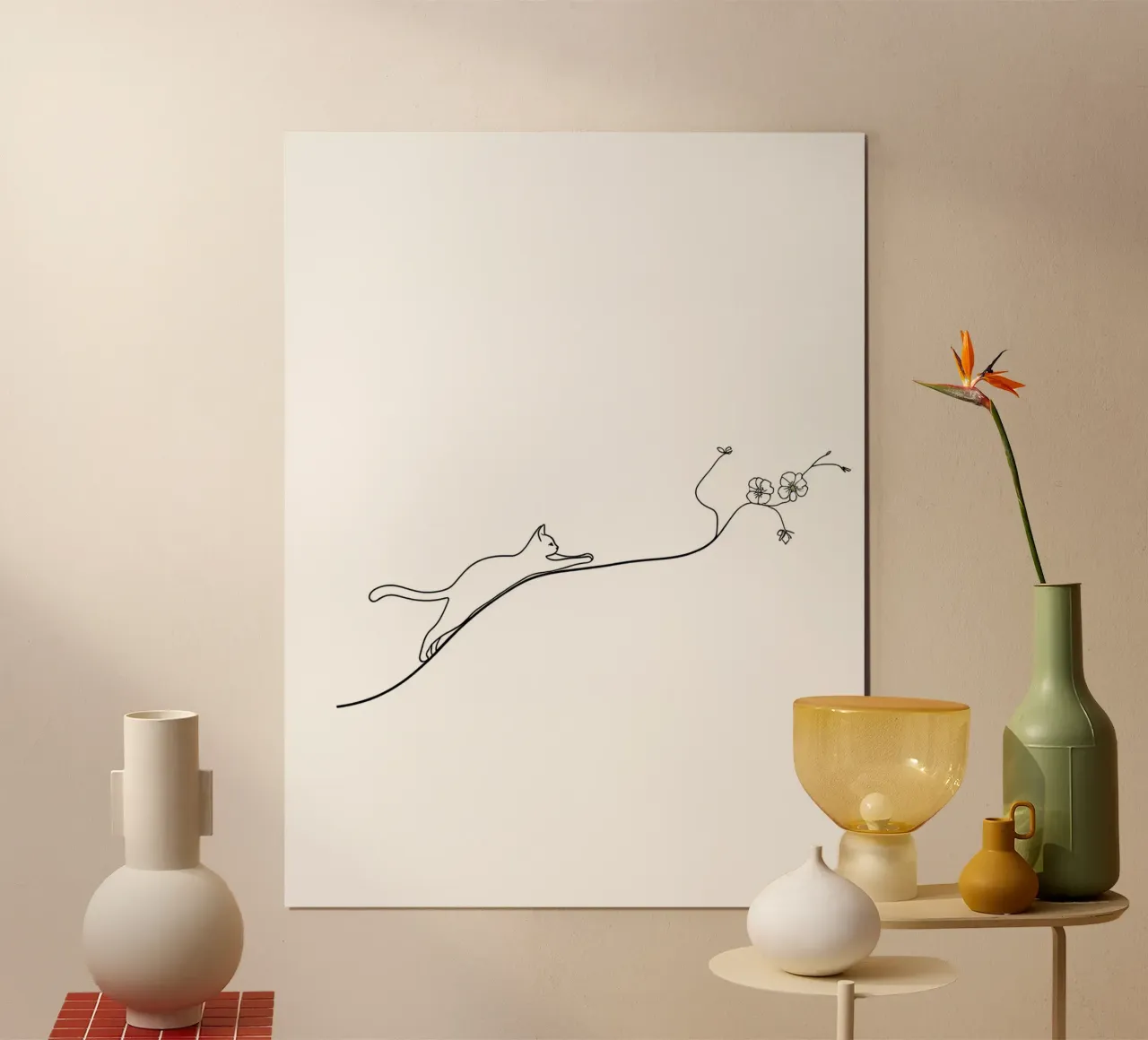 Gatto su un ramo di fiori Line Art minimalista carta hahnemühle da Viv Line Art