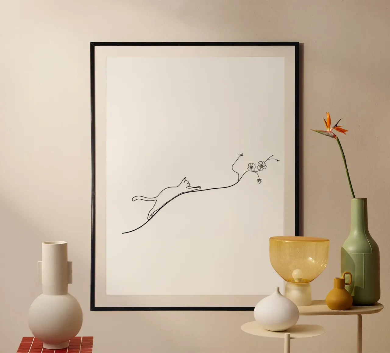 Gatto su un ramo di fiori Line Art minimalista carta hahnemühle da Viv Line Art