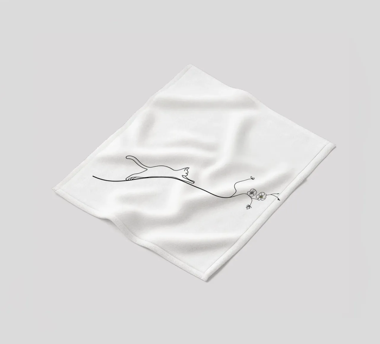 Gatto su un ramo di fiori Line Art minimalista coperta in pile da Viv Line Art