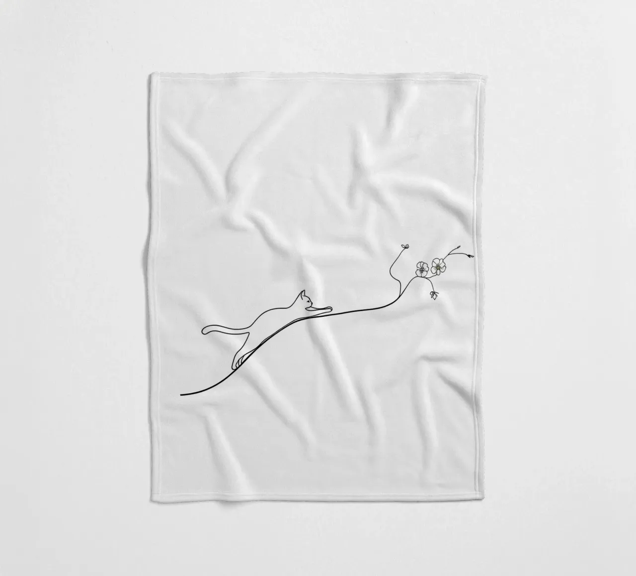 Gatto su un ramo di fiori Line Art minimalista coperta in pile da Viv Line Art