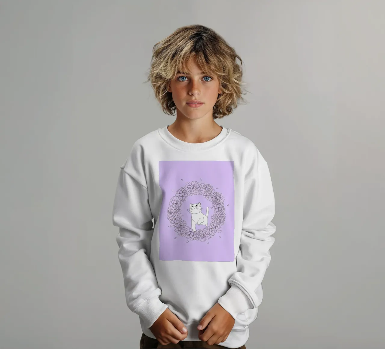Chat dans une couronne de fleurs Dessin au trait minimaliste sweat enfant de Viv Line Art