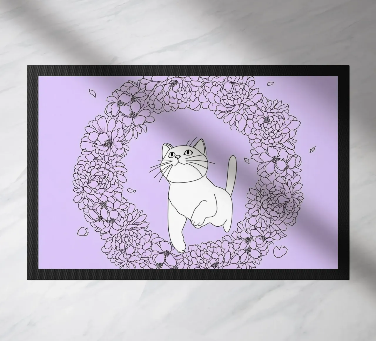Chat dans une couronne de fleurs Dessin au trait minimaliste paillasson de Viv Line Art