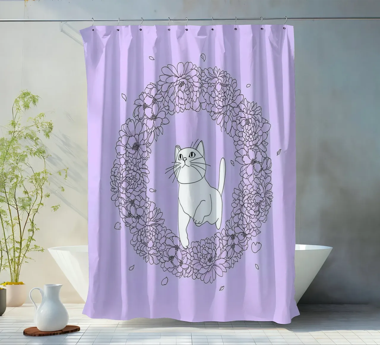 Chat dans une couronne de fleurs Dessin au trait minimaliste rideau de douche de Viv Line Art