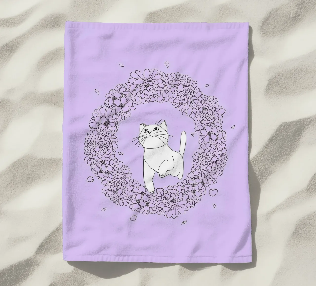 Chat dans une couronne de fleurs Dessin au trait minimaliste serviette de plage de Viv Line Art