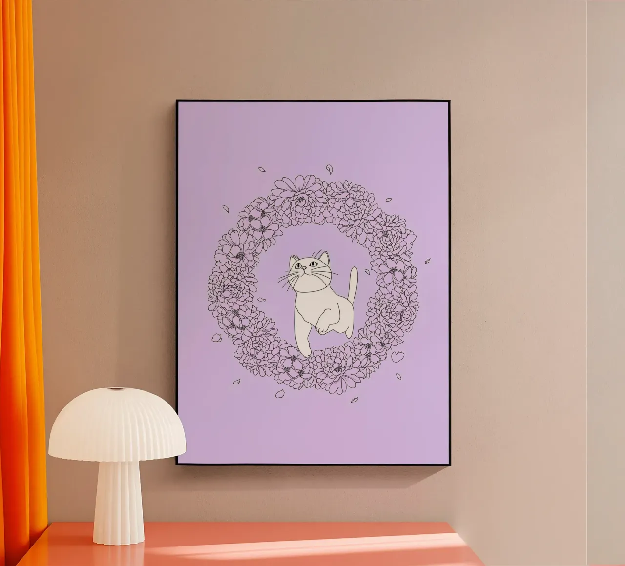 Chat dans une couronne de fleurs Dessin au trait minimaliste plexiglas de Viv Line Art
