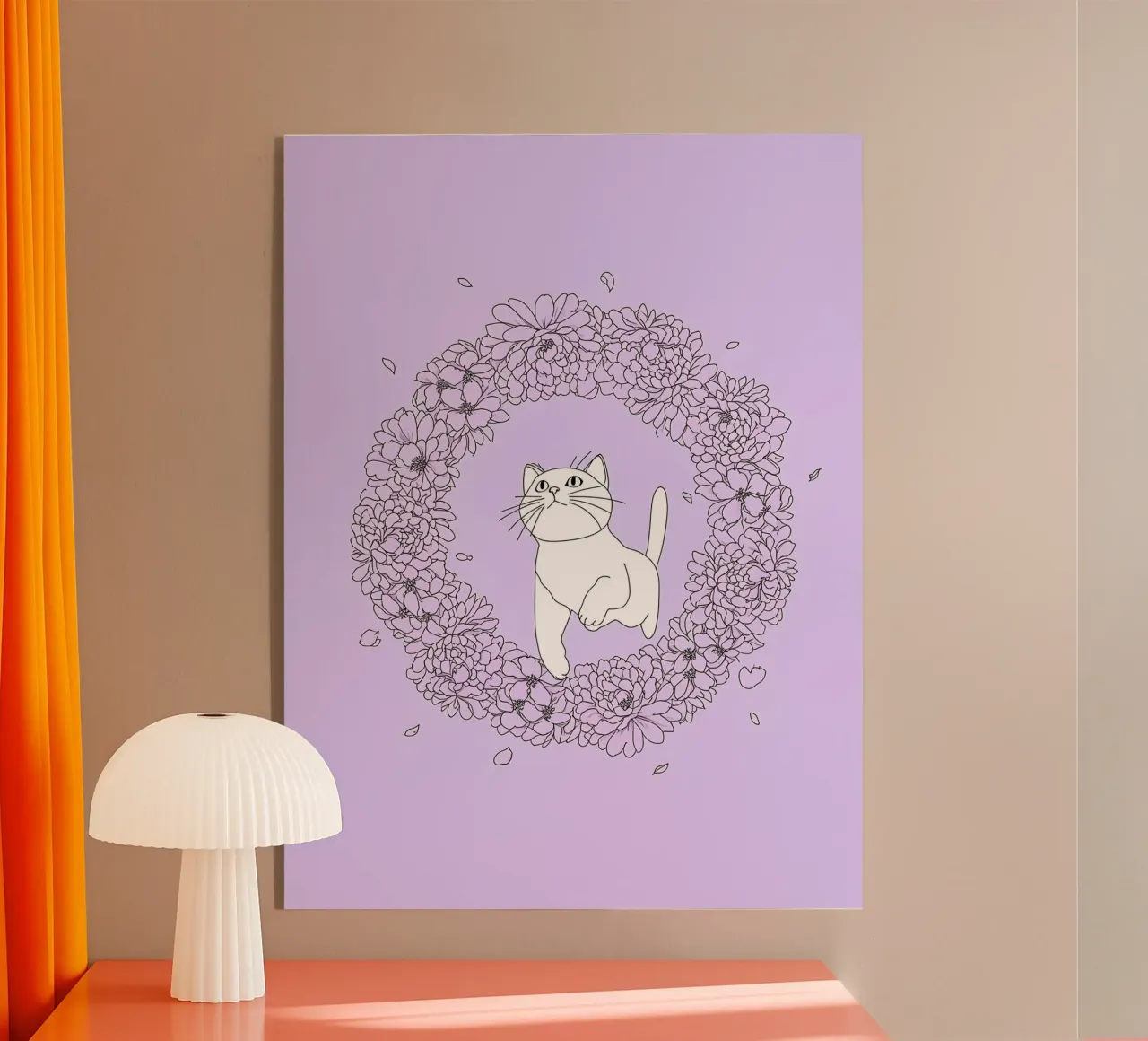 Chat dans une couronne de fleurs Dessin au trait minimaliste plexiglas de Viv Line Art