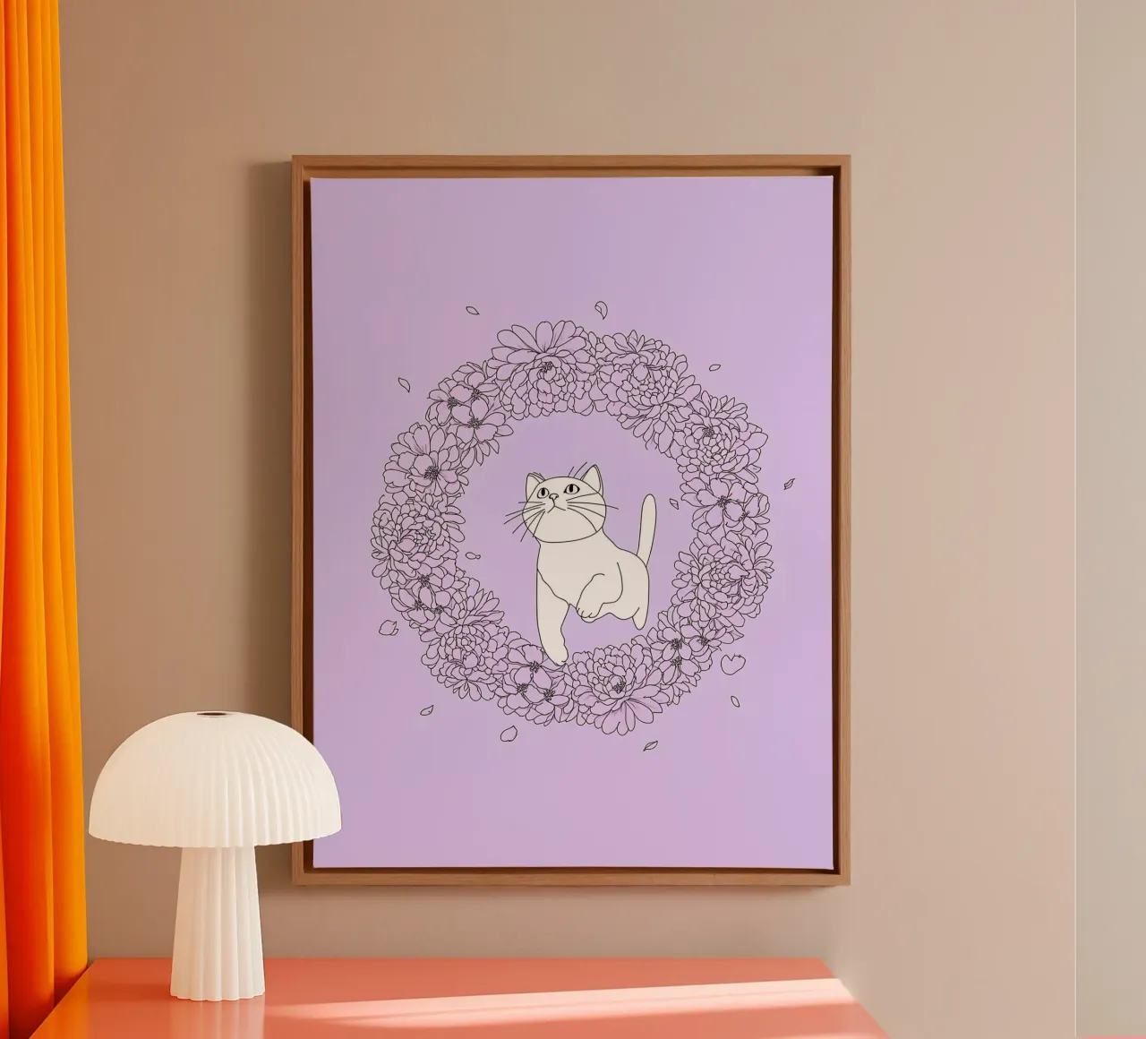 Chat dans une couronne de fleurs Dessin au trait minimaliste toile de Viv Line Art