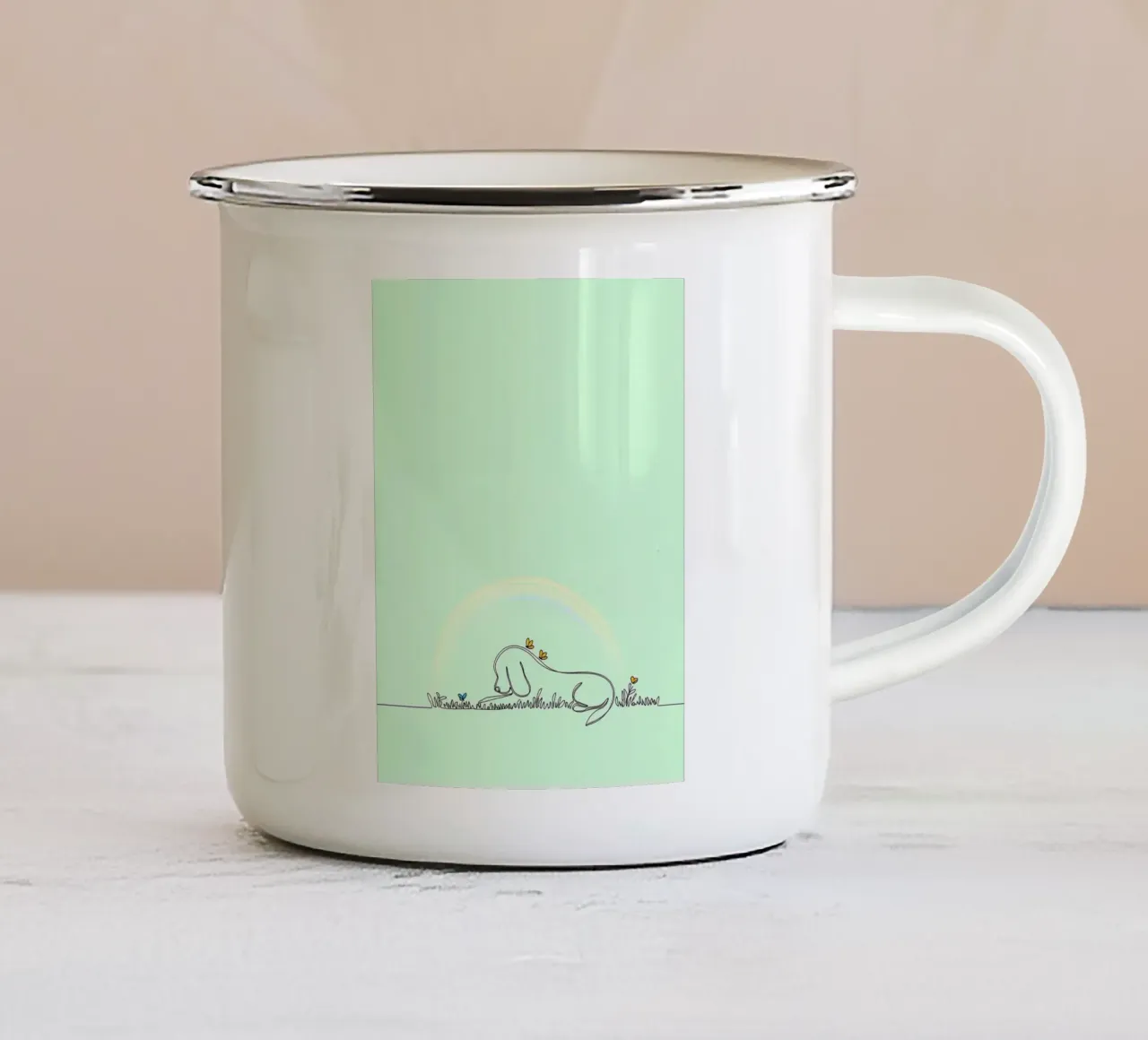 Cane che riposa in un campo di fiori Line Art minimalista tazza in smalto da Viv Line Art