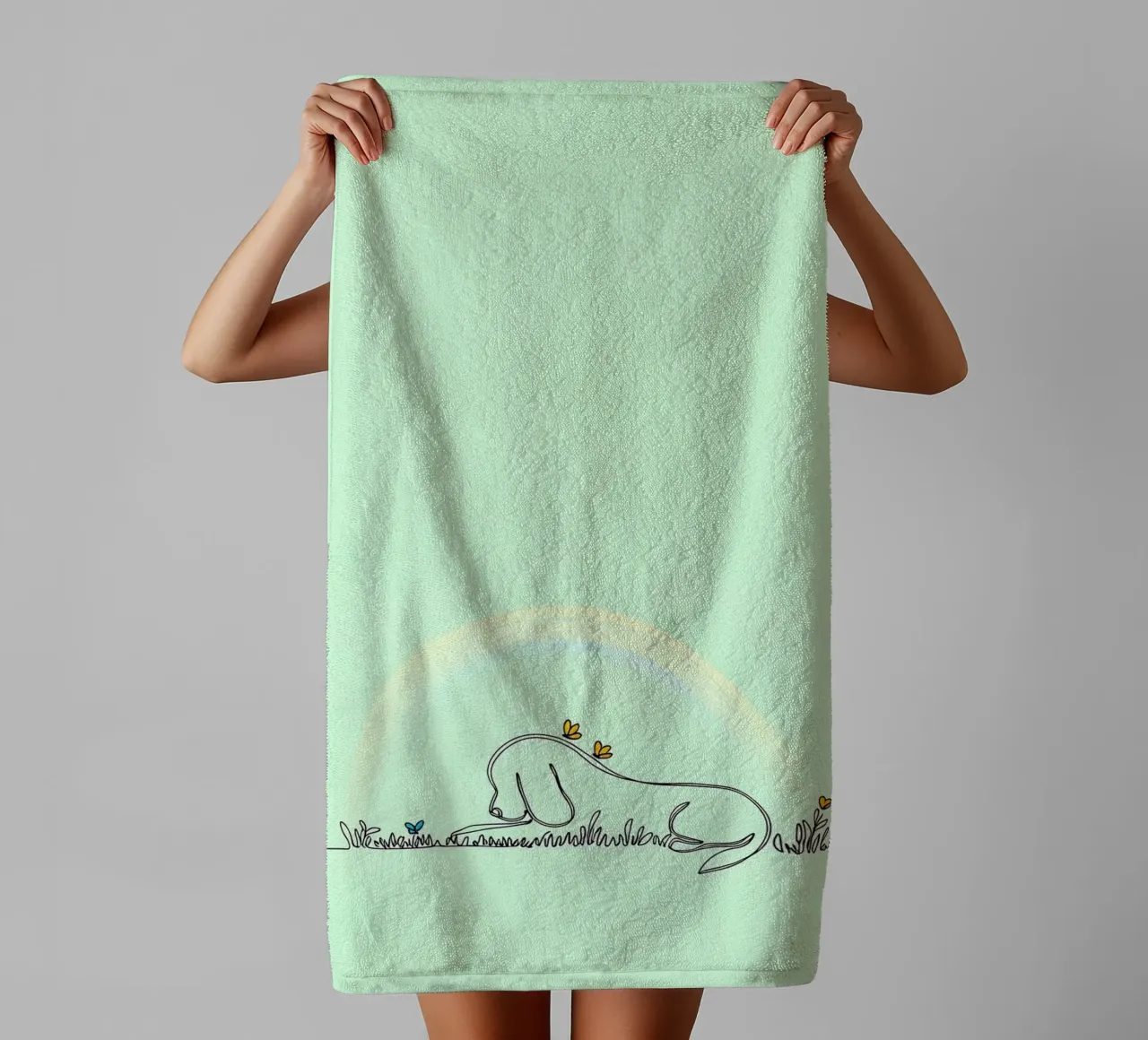 Chien se reposant dans un champ de fleurs Dessin au trait minimaliste serviette de bain de Viv Line Art