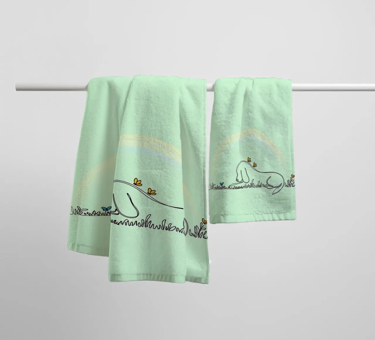 Chien se reposant dans un champ de fleurs Dessin au trait minimaliste serviette de bain de Viv Line Art