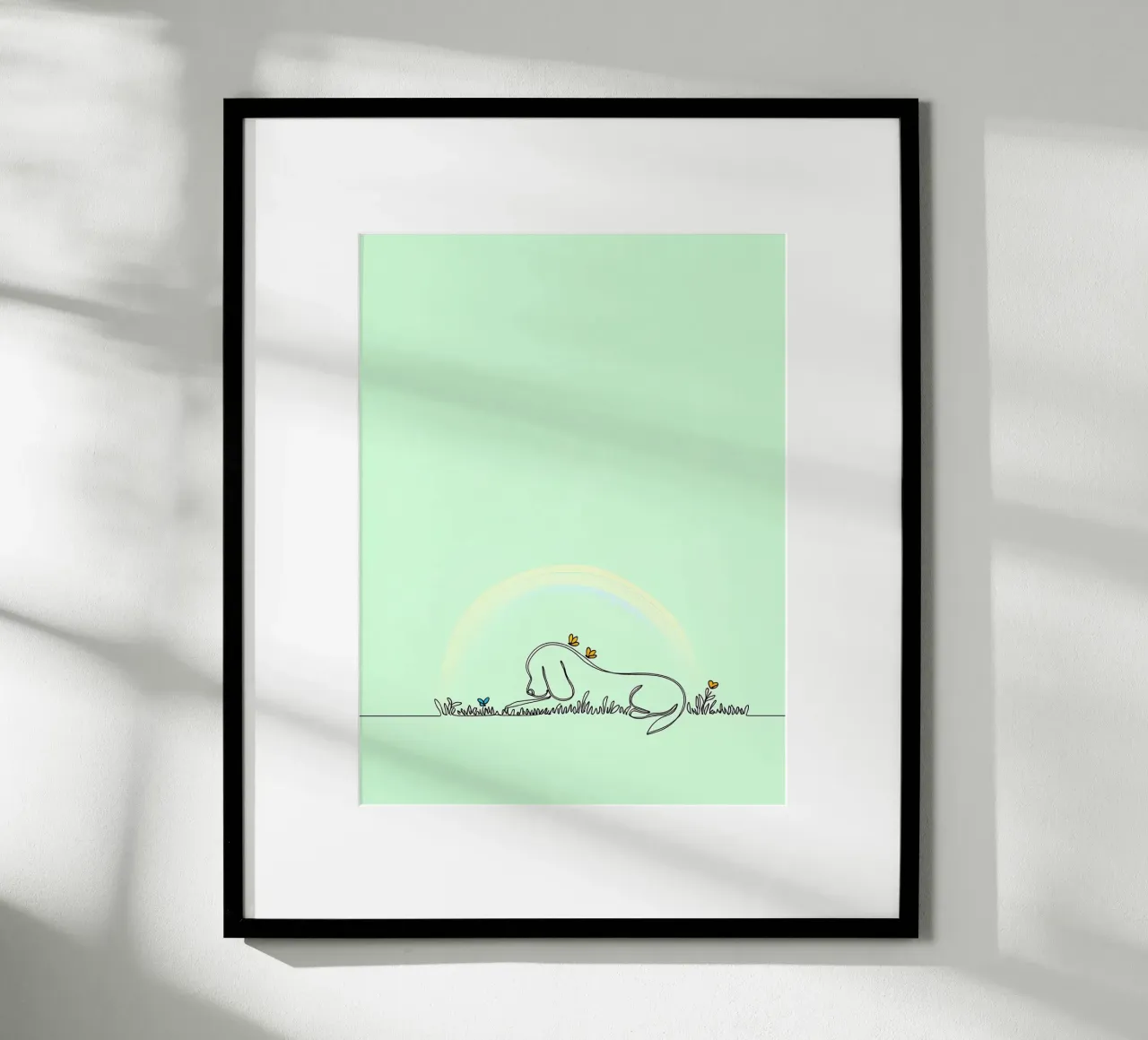 Cane che riposa in un campo di fiori Line Art minimalista poster con telaio in alluminio da Viv Line Art