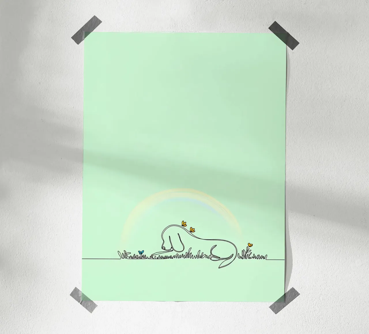 Cane che riposa in un campo di fiori Line Art minimalista poster con telaio in alluminio da Viv Line Art