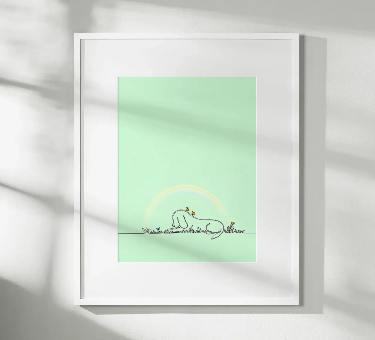 Dog Resting in Flower Field Minimalist Line Art poster with wooden frame by Viv Line Art