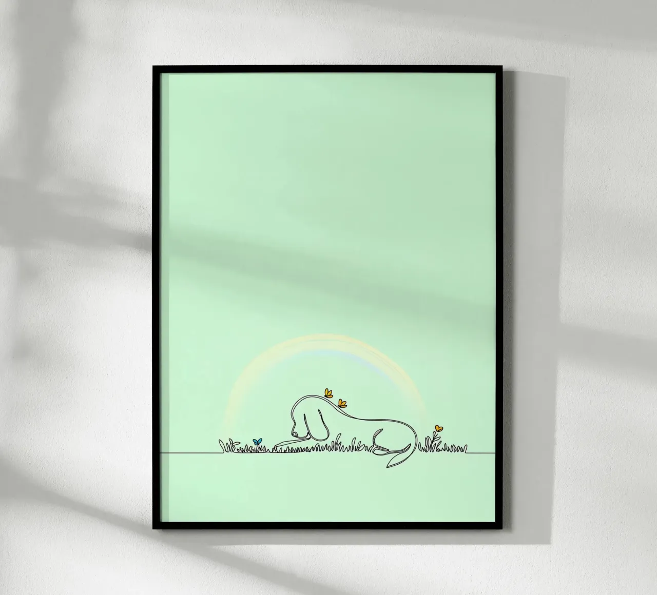 Cane che riposa in un campo di fiori Line Art minimalista poster con telaio in alluminio da Viv Line Art
