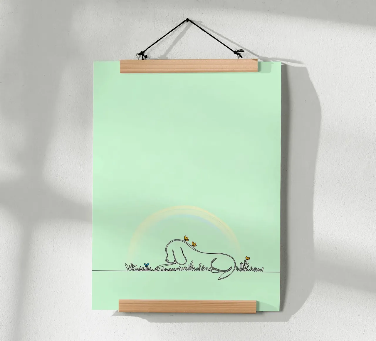 Dog Resting in Flower Field Minimalist Line Art poster with wooden frame by Viv Line Art
