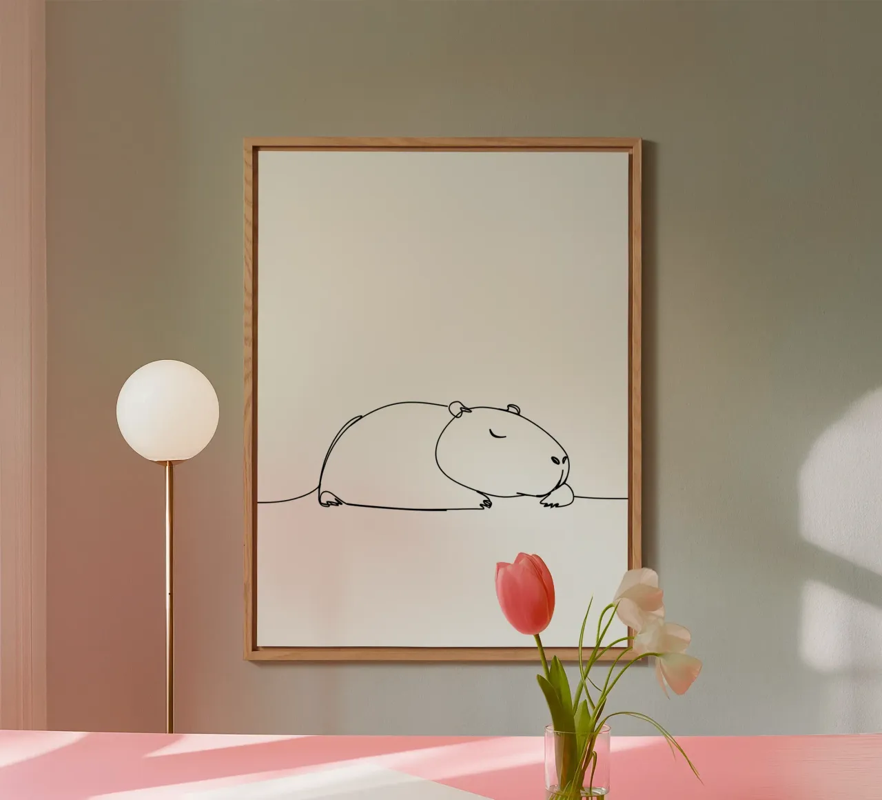 Capybara Sleeping Minimalist Line Art Drawing alu-dibond by Viv Line Art