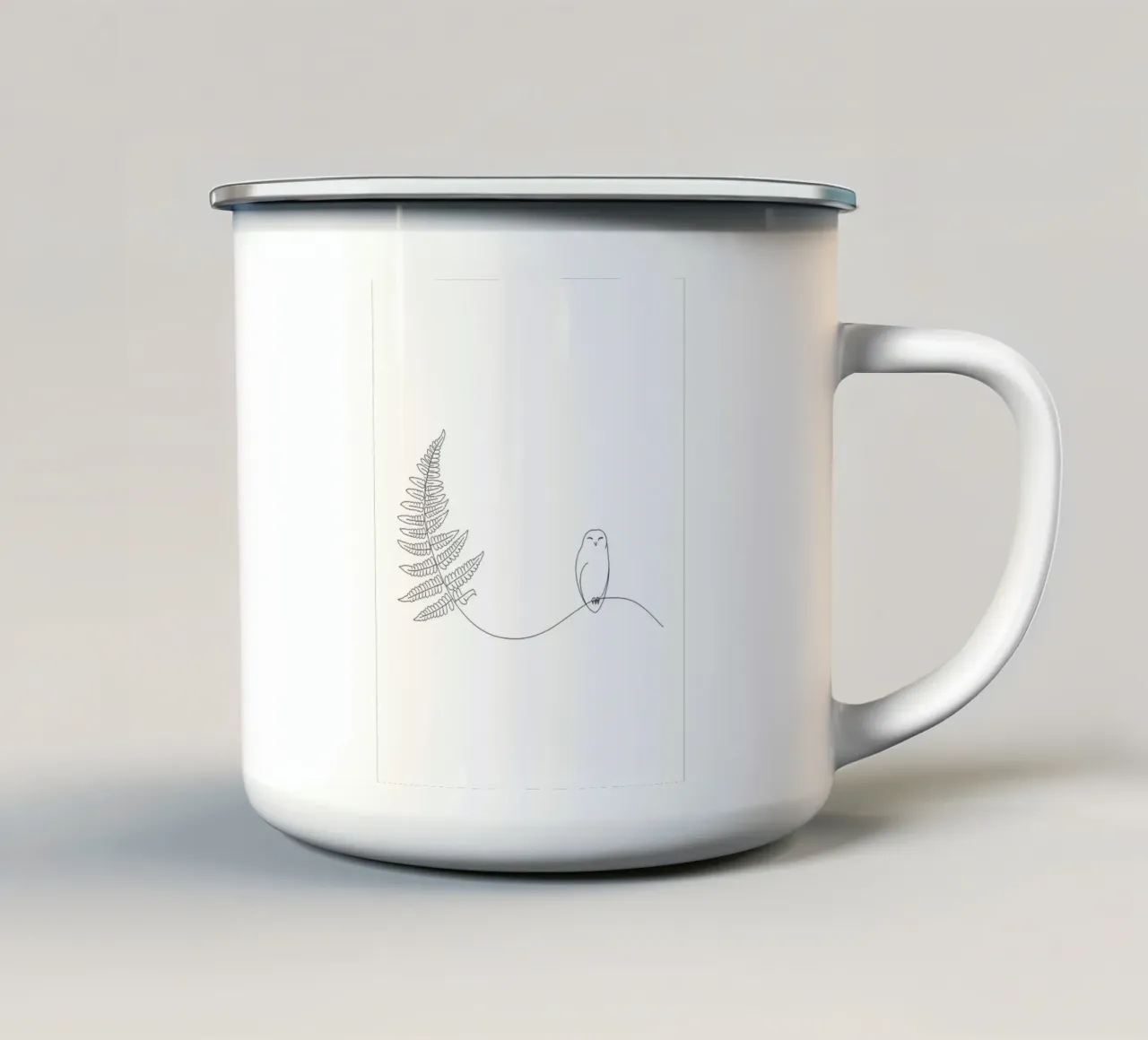 Gufo sul ramo di felce Minimalista tazza in smalto da Viv Line Art