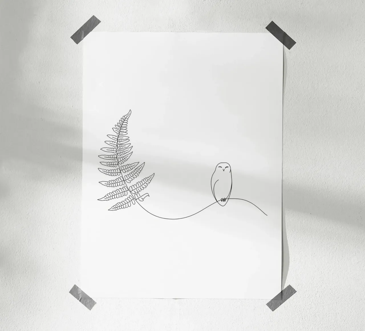 Gufo sul ramo di felce Minimalista poster da Viv Line Art