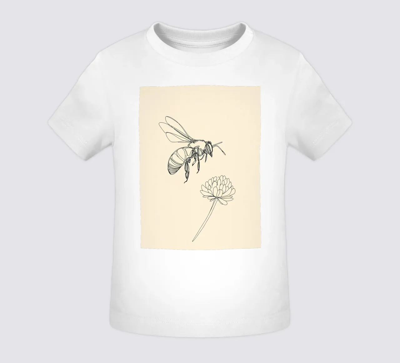 Disegno lineare minimalista di api e fiori maglietta neonato da Viv Line Art