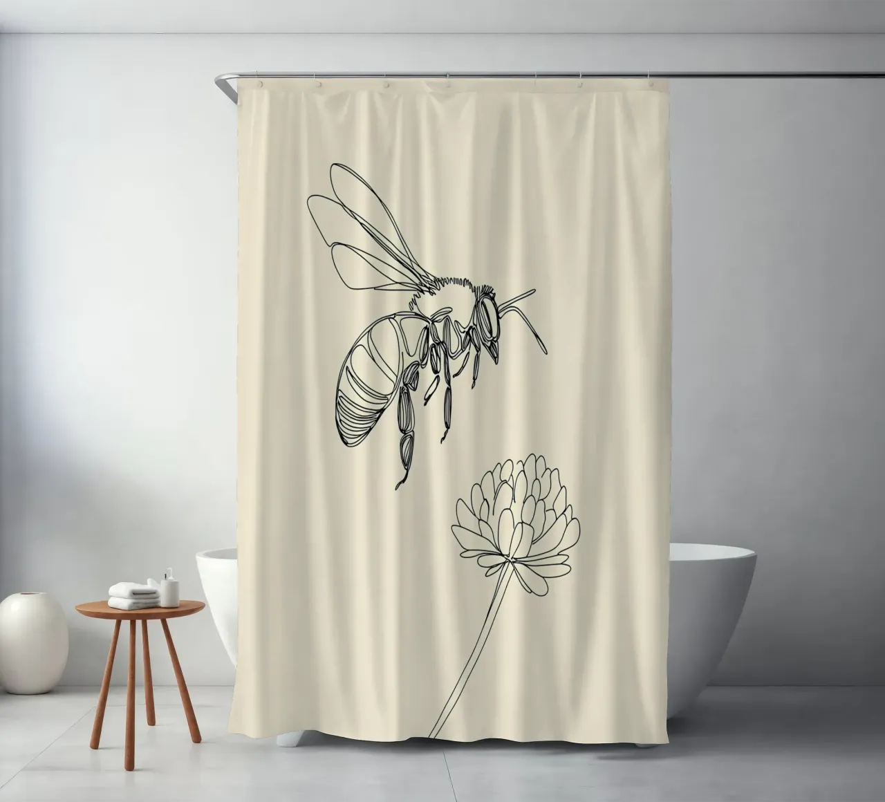 Disegno lineare minimalista di api e fiori tenda da doccia da Viv Line Art