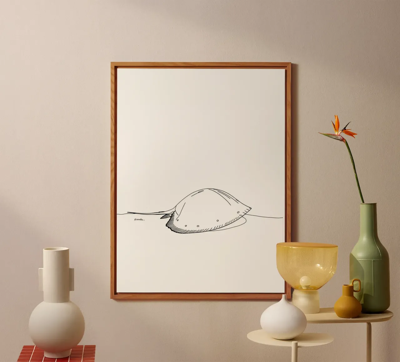 Arte lineare minimalista di una creatura marina alluminio dibond da Viv Line Art