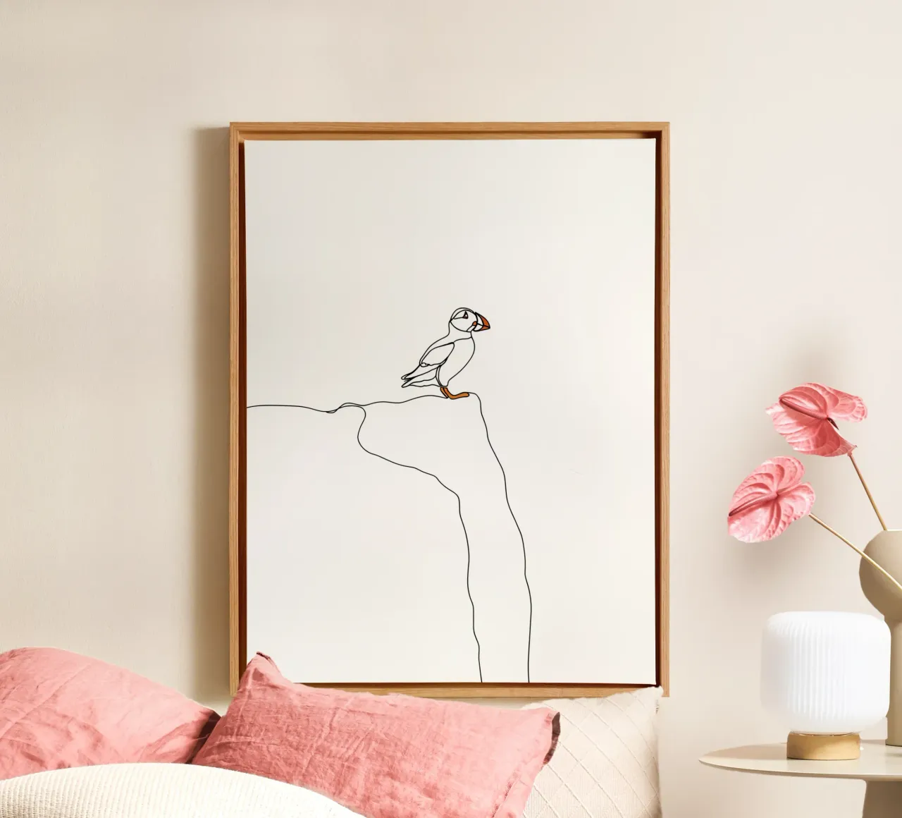 Puffin on the Cliff Minimalist Line Art canvas with Floater frame by Viv Line Art