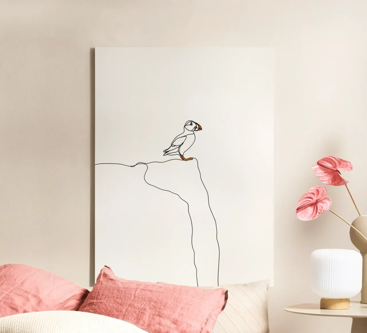 Puffin on the Cliff Minimalist Line Art canvas with Floater frame by Viv Line Art