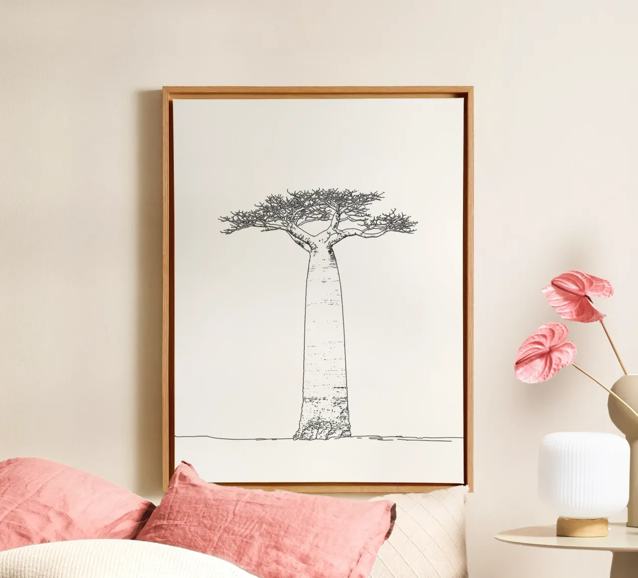 Baobab Tree Minimalist Line Art canvas with Floater frame by Viv Line Art